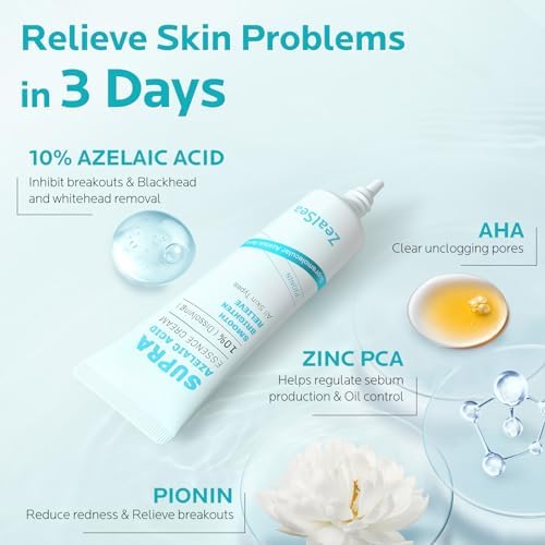 ZealSea 10% Azelaic Acid Facial Cream - Azelaic Acid Serum with AHA for Face, Relief Pimple, Breakouts, Blackhead & Redness, Azelaic Acid Gel Clarify Skin Soothe Irritation, 0.34 Oz Travel Size