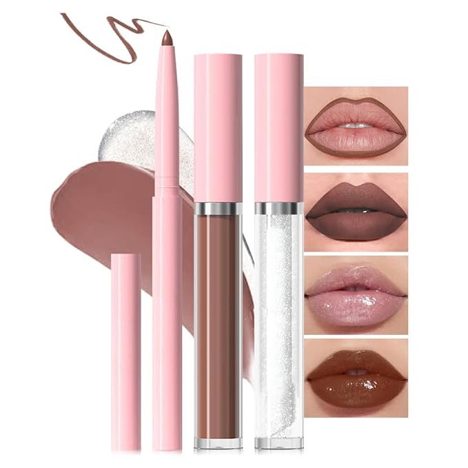 3-in-1Light Nude Brown Matte Lip Stain Kit | Waterproof Lip Liner + Hydrating Matte Lip Gloss + Nourishing Lip Oil | Long Lasting Plumping to Create Perfect Lip Makeup.05#