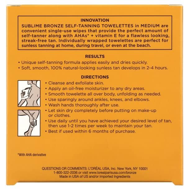 L'Oreal Paris Sublime Bronze Self-Tanning Body Towelettes, 6-Count (Pack of 2)