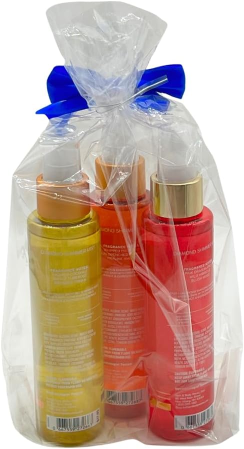 Bath & Body Works VACATION VIBE, PINK PARADISE, SOLAR SHINE Diamond Shimmer Mist - Gift Set with a Blue Bow for Holiday - 4.9 fl oz each - Summer Scents