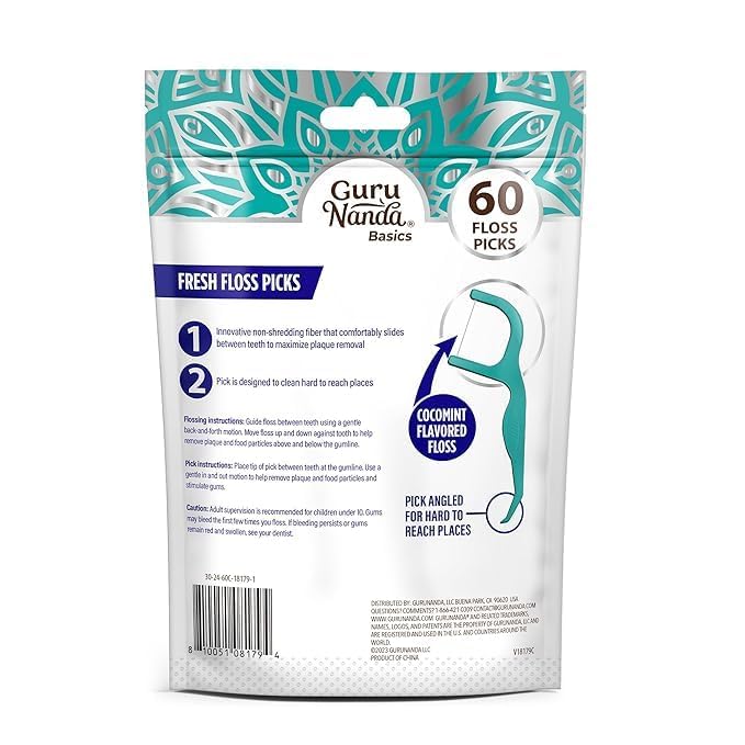 GuruNanda Fresh Floss Dental Picks - Non- Shred Thread with Angled Pick for Effective Plaque Removal - Dentist Recommened - Travel Friendly for Adults & Kids - 60 Pack