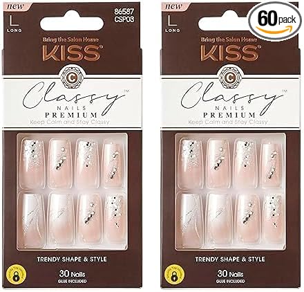 KISS Classy Premium Press On Nails, 'Stunning!', French, Long Length, Square Shape, Includes 30 Fake Nails, 2g Pink Gel Nail Glue, 1 Manicure Stick, 1 Mini File (Pack of 2)