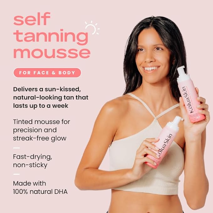 KoluaSkin by Koluawax Self Tanner Mousse, Medium - Natural-Looking Sunless Body Fake Tan - Dries Quickly w/No Streaks, Hydrates Skin - Light Tropical Scent, Dermatologist-tested for Sensitive Skin, 7oz