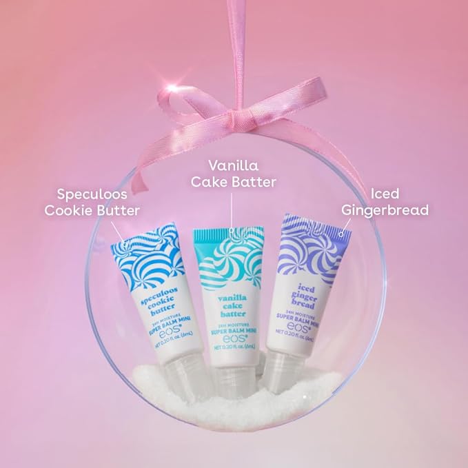 eos Holiday 24H Moisture Mini Super Balm Set- Speculoos Cookie Butter, Iced Gingerbread, Vanilla Cake Batter, Limited-Edition Lip Care, Stocking Stuffers, 0.20 fl oz, 3-Pack