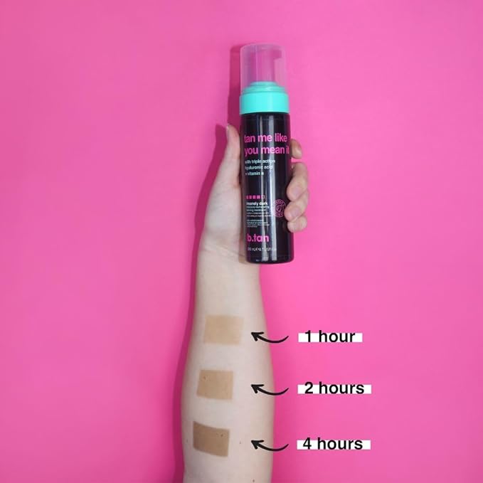 b.tan Dark Self Tanner Mousse | Tan Me Like You Mean It - Dark, 1 Hour Express Sunless Tanner Foam, Bronzing Glow, No Fake Tan Smell, Face & Body, Vegan, Cruelty & Paraben Free, 6.7 Fl Oz