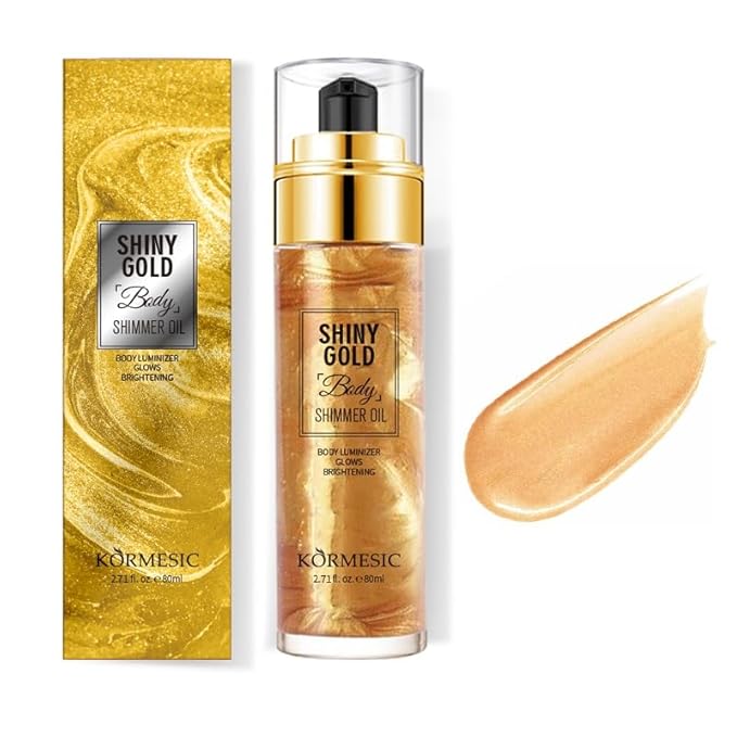 Shimmer Body Oil,Long Lasting Waterproof Face Brighten Glow Shiny Gold)