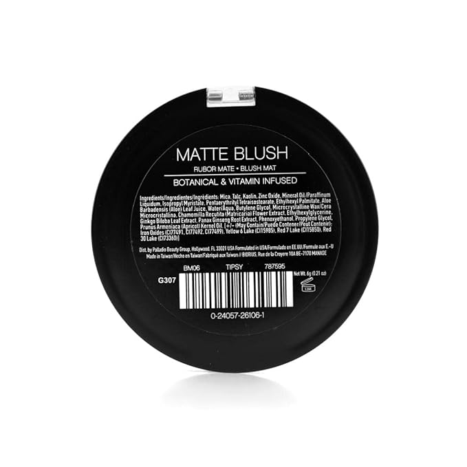 Palladio Matte Blush, Brushes onto Cheeks Smoothly, Soft Matte Look and Even Finish, Flawless Velvety Coverage, Effortless Blending Makeup, Flatters the Face, Convenient Compact, Tipsy