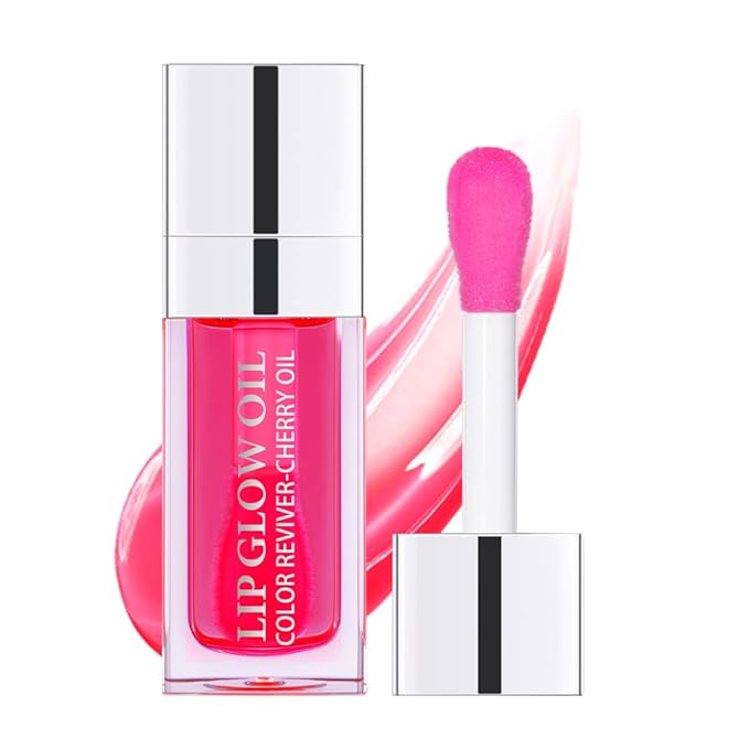 Hydrating Lip Glow Oil, Plumping Lip Oil Gloss, Transparent Lip Balm, Natural Lip Plumper Gloss Make Lips Fuller and Moisturizing (Cherry)