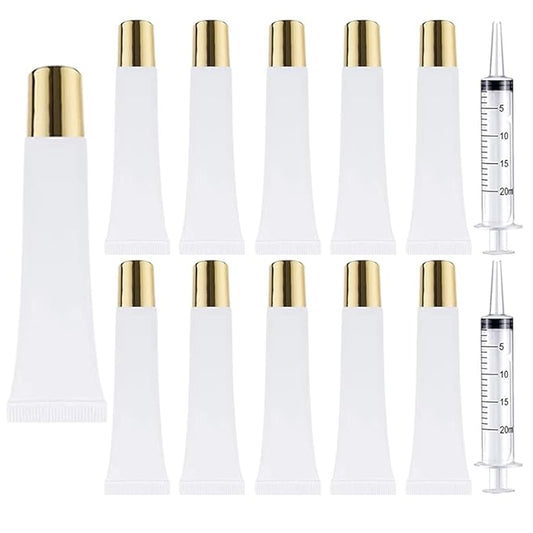 AMORIX 50PCS Lip Gloss Tubes 15ml Gold Cap Lip Gloss Containers Empty Lip Balm Tubes Refillable Cosmetic Squeeze Lipgloss Tubes + 2 x 20ml Syringes Tag Labels for DIY Lip Gloss Base Glitter