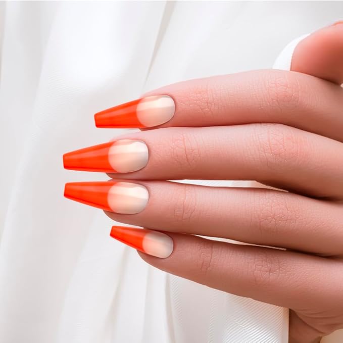 KISS Acrylic French False Nails Kit, X-Long Coffin Shape Design Nail, Orange Color French Tip Nails, Ready to Wear Gel & Manicure Stick included, Long-Lasting Convenient & Easy to Apply