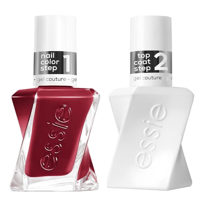 essie Gel Couture Longwear Nail Polish Set, Red Nail Polish, Put in the Patchwork + Gel-like Shiny Top Coat 0.46 fl oz each