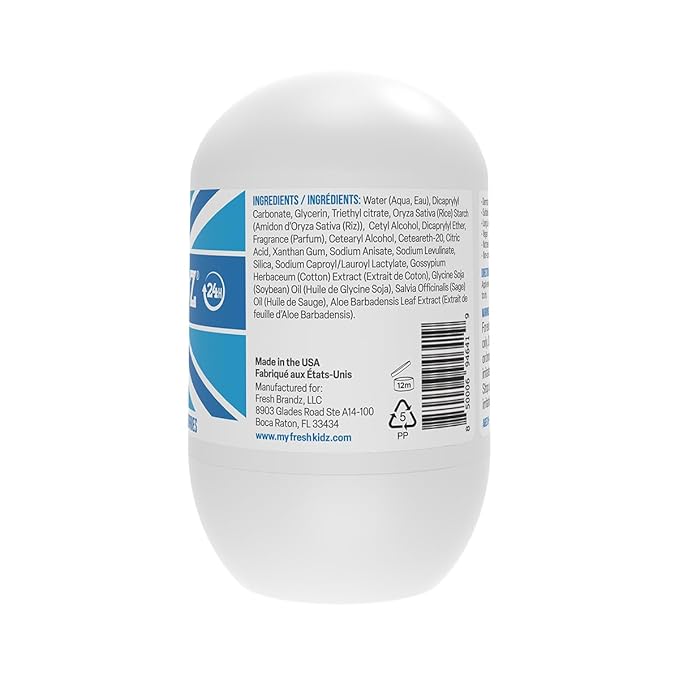 Fresh Kidz Roll On Deodorant for Kids and Teens - Baking Soda and Aluminum-free 24 Hour Protection for Sensitive Skin - Boys "Blue" 1.86 fl.oz.