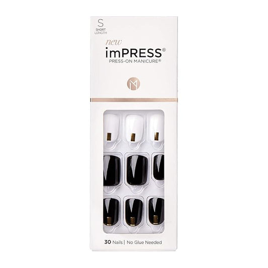 imPRESS Design, Press On Nails, Midnight Drive, Black and White, Short, Size, Squoval, Shape, Includes 30 Nails, Prep Pad, Instructions Sheet, 1 Manicure Stick, 1 Mini File
