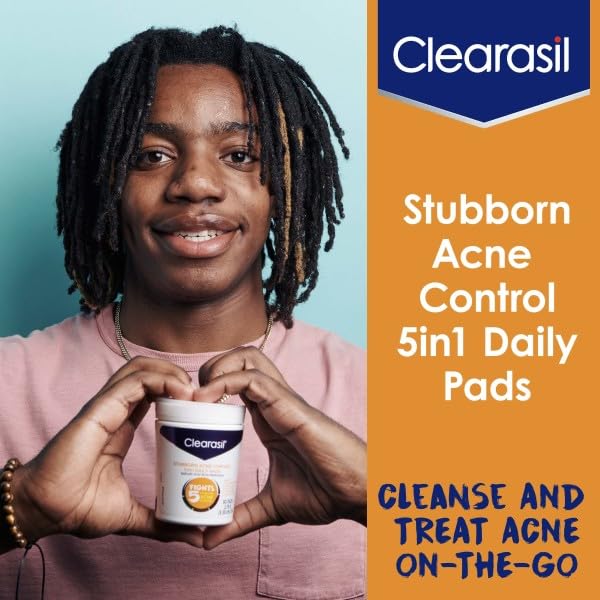 Clearasil Acne Treatment Facial Cleansing Pads, Stubborn Acne Control 5-in-1 Daily Pads, 90 Pads (Pack of 3)