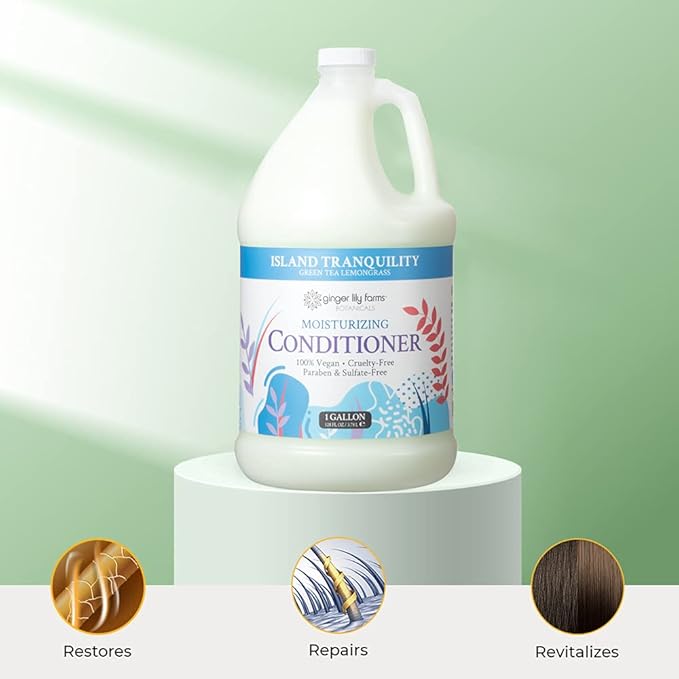 Ginger Lily Farms Botanicals Moisturizing Conditioner for Dry Hair, Island Tranquility, 100% Vegan & Cruelty-Free, Green Tea Lemongrass Scent, 1 Gallon Refill (Pack of 4)