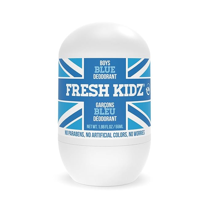 Fresh Kidz Roll On Deodorant for Kids and Teens - Baking Soda and Aluminum-free 24 Hour Protection for Sensitive Skin - Boys "Blue" 1.86 fl.oz.