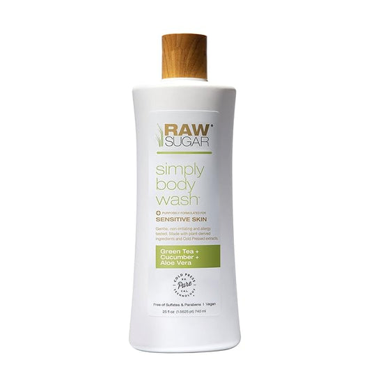 RAW SUGAR Simply Body Wash, (25 Fl Oz, Pack of 1) Bath Soap, Formulated without Sulfates & Parabens (Green Tea + Cucumber + Aloe Vera)