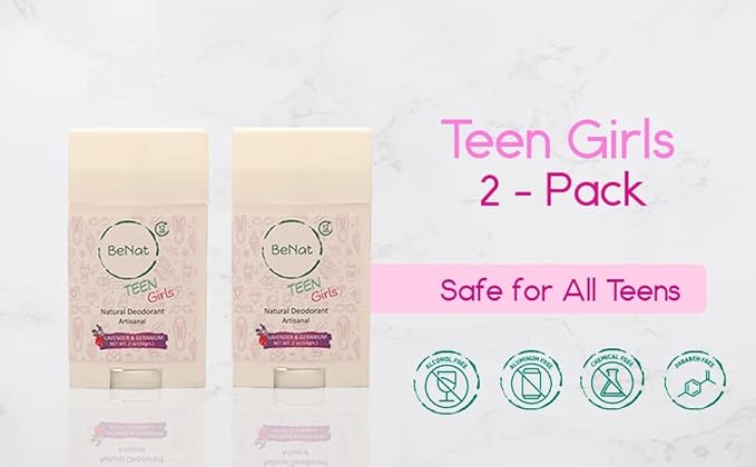 2-Pack All Natural Deodorant For Teen Girls 100% Natural Aluminum-Free Carcinogen Free Kids Deodorant For Girls Clinically Proven To Be Safe For Children and Teenagers