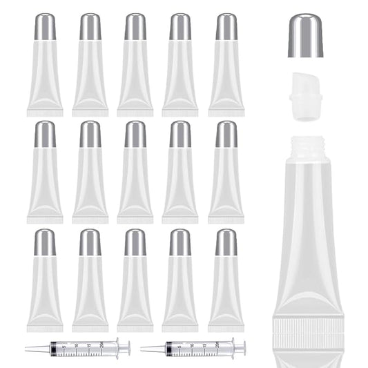 AMORIX 50PCS Matte Silver Lip Gloss Tubes 10ml Empty Lip Gloss Containers Lip Balm Tubes Refillable Cosmetic Squeeze Tubes for Lip Gloss Base Glitter with 2 x Syringes + 28pcs Tag Labels Stickers