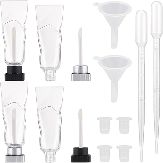 GORGECRAFT 4Pcs 4ml Lip Gloss Tubes Empty Refillable Soft Lipgloss Balm Tubes with Brush Glaze Container with Silver Black Square Lid Rubber Inserts Droppers Funnel for Travel Samples DIY Cosmetic