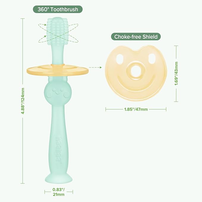 haakaa 360° Baby Toothbrush with Suction Base - Gentle Cleaning for Toddler's Self-Brushing Training, Food-Grade Silicone, Adjustable Safety Shield - Blue (1 Piece)