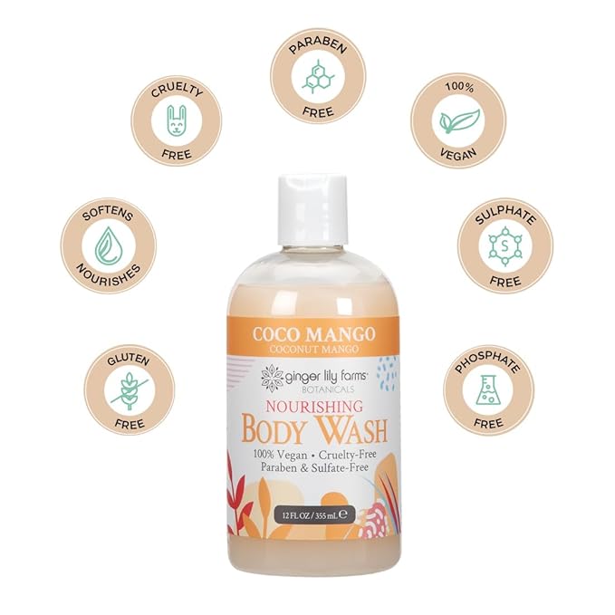 Ginger Lily Farms Botanicals Nourishing Body Wash, Coco Mango, 100% Vegan & Cruelty-Free, Coconut Mango Scent, 12 Fl Oz