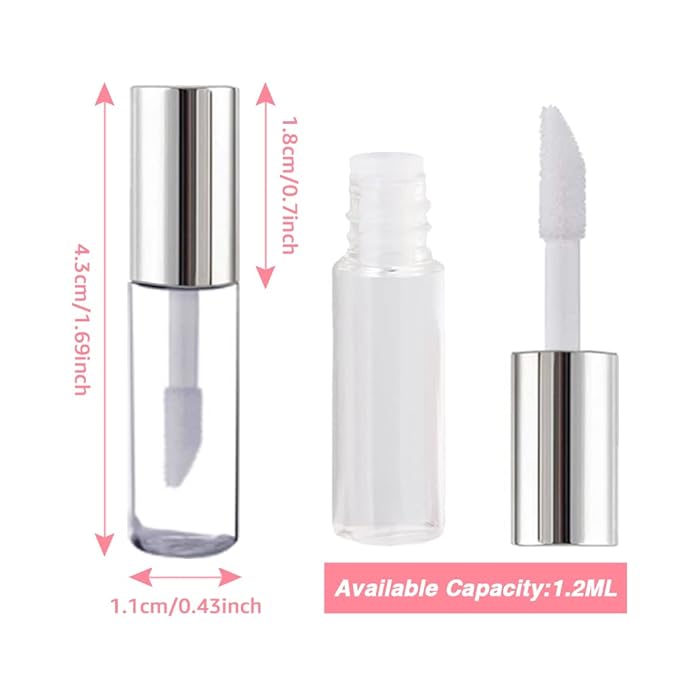AMORIX 50PCS Mini Lip Gloss Tubes with Wand 1.2ml Empty Lip Gloss Containers Clear Refillable Travel Lip Balm Bottles for Samples with 5ml Syringes DIY Lip Gloss Base + Tag Labels(Silver)