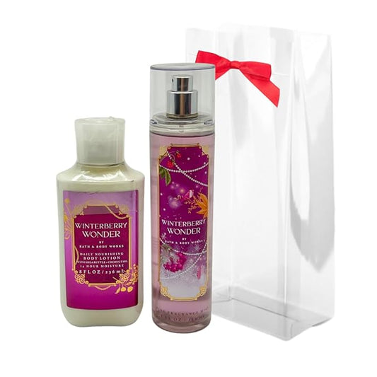 Bath & Body Works WINTERBERRY WONDER 2pc bundle - Fine Fragrace Mist & Body Lotion - Gift set with a Red Bow for Holidays & Gifts