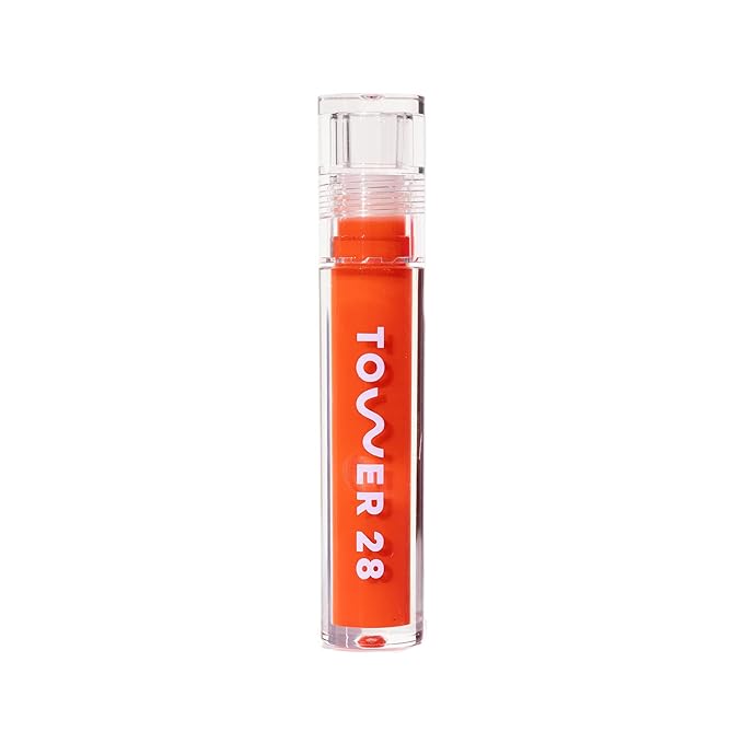 Tower 28 ShineOn Lip Jelly, FIRE, Non-Sticky, Hydrating Vegan Lip Gloss in Sheer Orange, Moisturizing Apricot and Raspberry Seed Oil, Clean, Cruelty Free