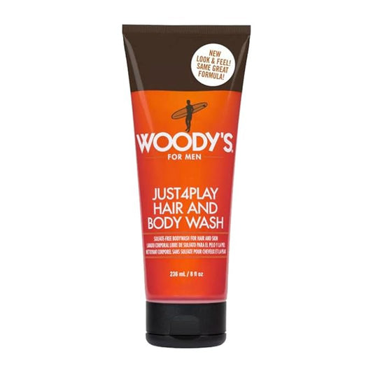 Woody's Just4Play Hair and Body Wash for Men - Sulfate-Free, Deep Cleansing, Hydrating, Fresh Scent, All-in-One Shower Gel, 8 fl oz