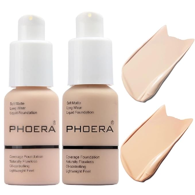 2 Pack PHOERA Foundation 101- Porcelain and102- Nude, Foundation Makeup