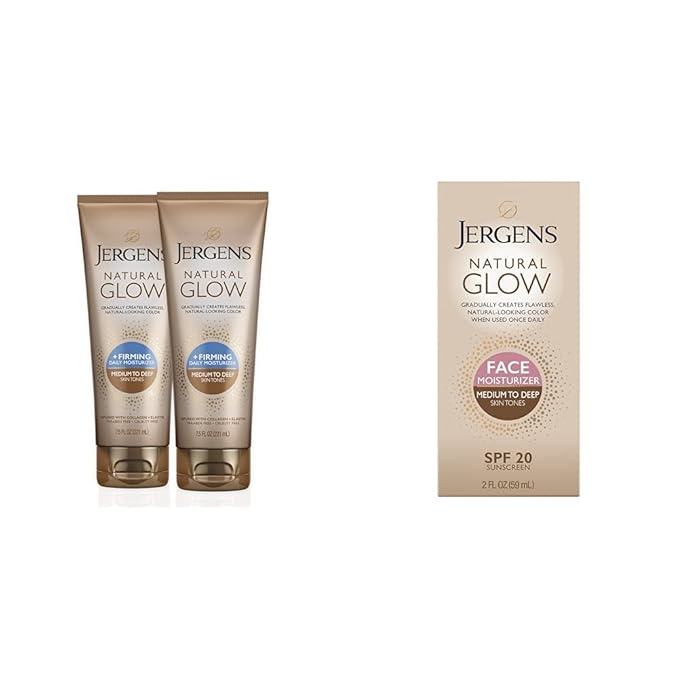 Jergens Natural Glow +FIRMING Self Tanner Body Lotion, Medium to Tan Skin Tone & Natural Glow Self Tanner Face Moisturizer, SPF 20 Facial Sunscreen