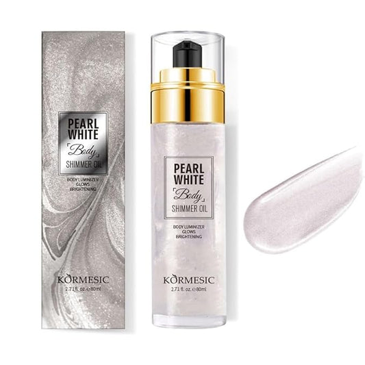 Shimmer Body Oil,Long Lasting Waterproof Face Brighten Glow Pearl White)