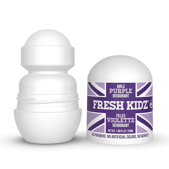 Fresh Kidz Roll On Deodorant for Kids and Teens - Baking Soda and Aluminum-free 24 Hour Protection for Sensitive Skin - Girls "Purple" 1.86 fl.oz. (2 Pack)