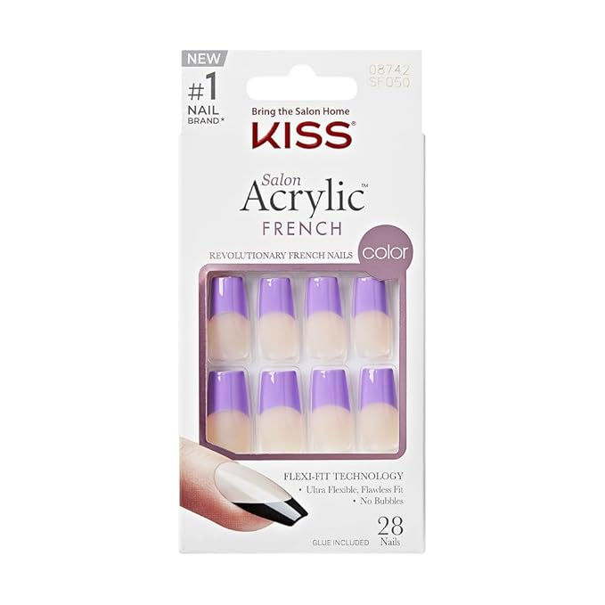KISS Acrylic French False Nails Kit, Long Square Shape Design Nail, Purple Color French Tip Nails, Ready to Wear Gel & Manicure Stick included, Long-Lasting Convenient & Easy to Apply