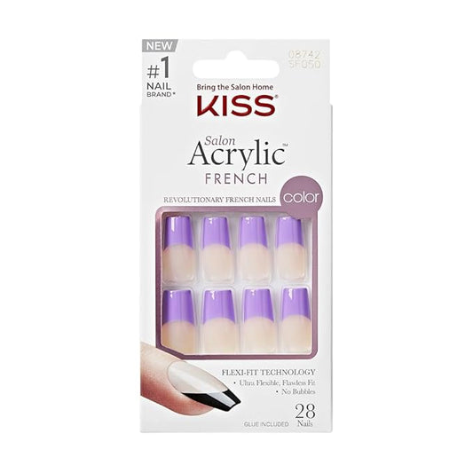 KISS Acrylic French False Nails Kit, Long Square Shape Design Nail, Purple Color French Tip Nails, Ready to Wear Gel & Manicure Stick included, Long-Lasting Convenient & Easy to Apply