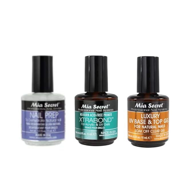 Mia Secret Nail Prep 0.5 oz (NP-30), Xtrabond Primer 0.5 oz (PR100), & Luxury UV Base & Top Gel 0.5 oz (FGN-02)