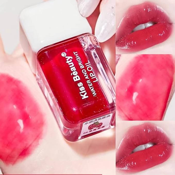 Fruit Pearlescent Plumping Lip Oil, Pearl & Shimmer Mini Lip Gloss Kit, Lip Care Hydrating Lip Gloss Tinted Lip Balm, Long Lasting & Nourishing Lip Glow Oil, Non-sticky Fresh Texture (Strawberry)