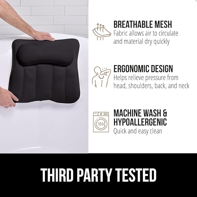 GORILLA GRIP Mesh Bath Pillow for Tub, 6 Powerful Suction Cups, Oversized Headrest with Breathable FlexComfort Technology for Neck, Head, Back Support, Luxury Machine Washable Bathtub Must Haves Black