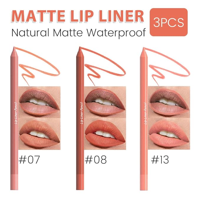 evpct 3Pcs Neutral Pale Orange Red Matte Long Lasting Wear Lip Liner Pencils Makeup Set for Shaping & Sculpting Lips, No Transfer Waterproof Pigmented Lip Liner Crayon lipliners Lipstick Pencil 7+8+13