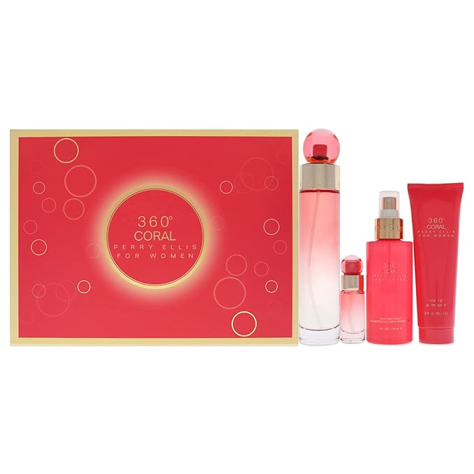Perry Ellis 360 Coral 3.4oz EDP Spray, 4oz Body Mist, 3oz Shower Gel, 0.25oz EDP Spray Women 4 Pc Gift Set