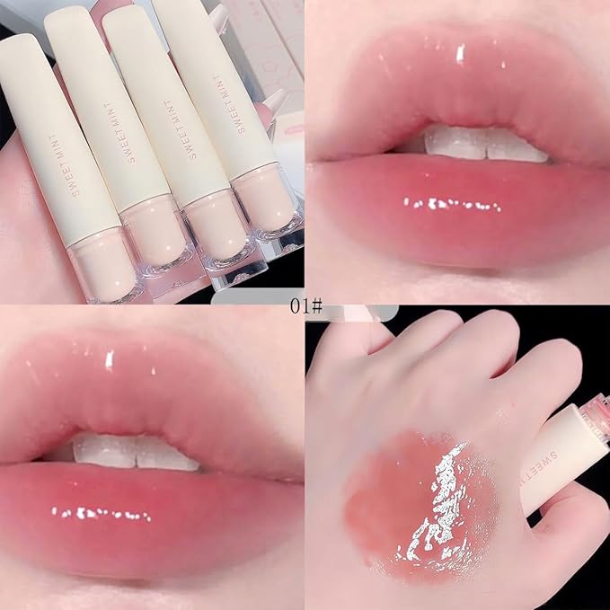 4 Pcs Hydrating Jelly Lip Gloss,Long Lasting Waterproof Non-Stick Cup Lip Glaze Set,Moisturizing Tinted Lip Balm,Mirror Liquid Lipsticks Brighten Plumping Lipstick
