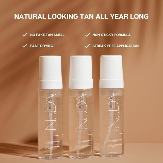 Nuda Self Tanning Water Mousse - Light to Medium | Streak & Transfer-Free Clear Self Tanner | Hydrating Sunless Tanner for a Natural Look | Lightweight Fragrance-Free Self Tanning Mousse, (6.4 Fl Oz)