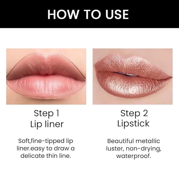 2-in-1 Brown Lip Liner & Lipstick Set Kit for Women, Metallic Lips Kit with Lip Liner Lip Stains Long Lasting Waterproof 24 Hour Lipstick and Lip Liners Combo Lipliners Pencil Set 18