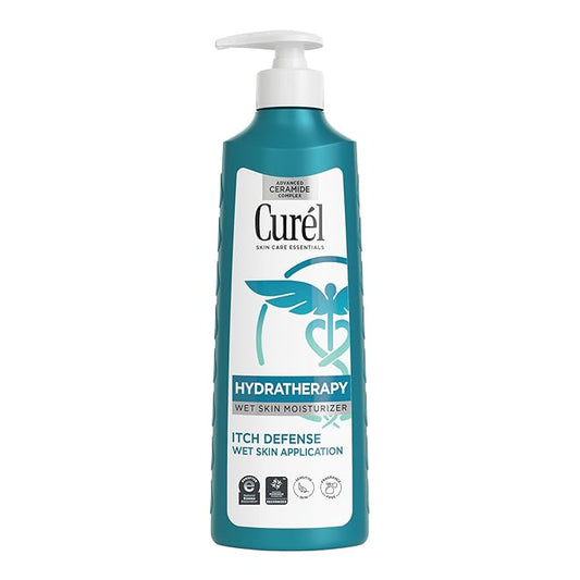 Curel Hydra Therapy, Itch Defense Moisturizer, Wet Skin Lotion, with Advanced Ceramide Complex, Vitamin E, & Oatmeal Extract, Helps to Repair Moisture Barrier, 12 Oz
