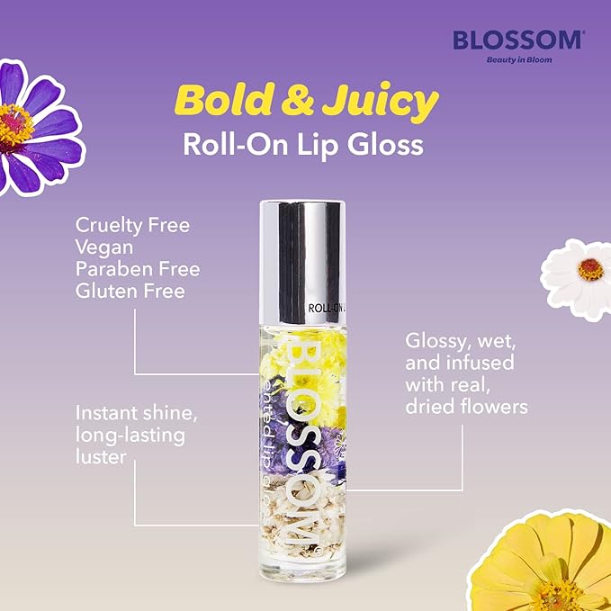 Blossom Roll on Lip Gloss, Scented Clear High Shine Moisturizing Lip Oil, Non Sticky, Infused with Real Flowers, Made in USA, 0.2oz, Vanilla Bean