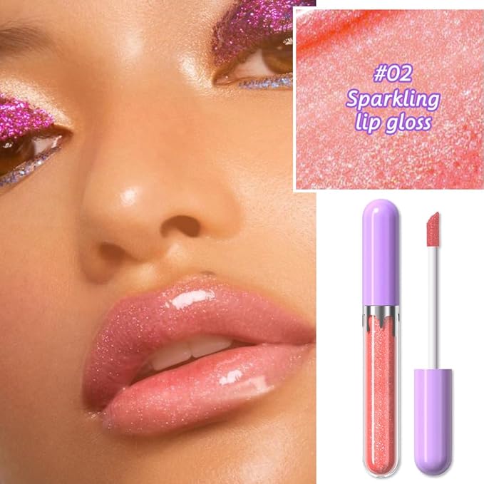 Glitter Liquid Lip Gloss,Peach Shimmer Lipstick, Waterproof Shimmer Lip Stain Lip Glaze, High Shine Long Lasting Shiny Lip Color Makeup 02#