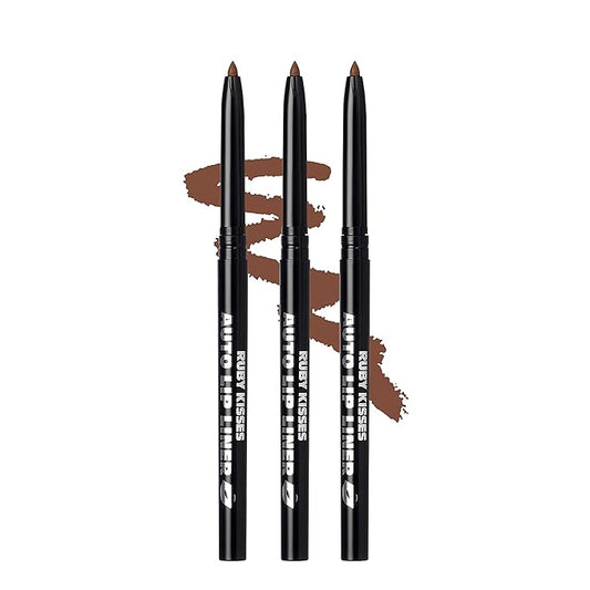 Ruby Kisses Auto Lip Liner Pencil (Espresso 3 Pack), Long Lasting & Non-Fading, Smooth Application, Non-Feathering with Rich Pigmented Color, No Sharpener Needed, Ideal for Full Lips Look
