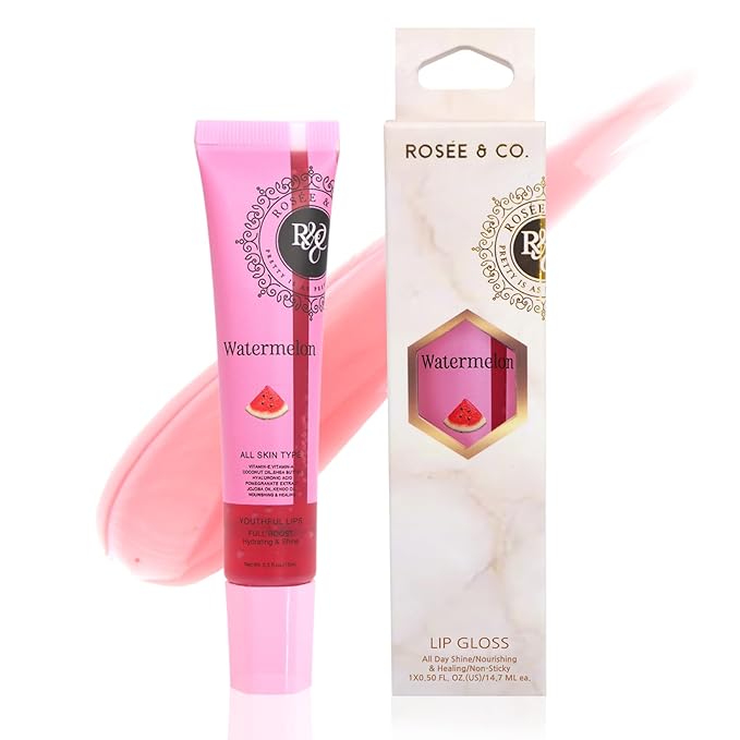 ROSÉE & CO Rosee Lip Gloss Vegan & Cruelty Free Treatment, Professional Make up, Long Lasting Glossy with Shea Butter, Moisturize, Protect & Smooth, High Shine, Non-Sticky (j. Watermelon, 0.5)