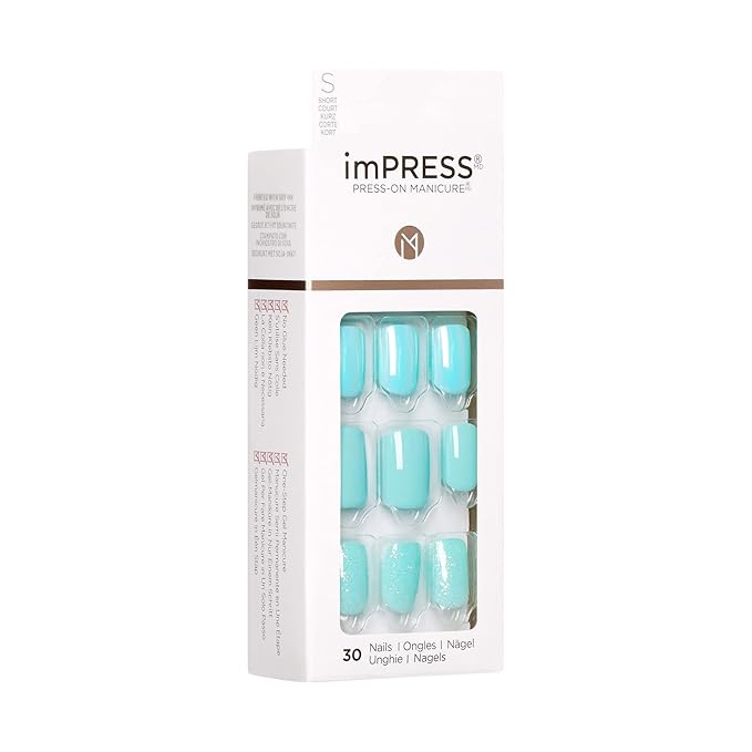 KISS imPRESS Press-On Manicure, Nail Kit, PureFit Technology, Short Press-On Nails, 'Rain Check', Includes Prep Pad, Mini Nail File, Cuticle Stick, and 30 Fake Nails (Pack of 2)